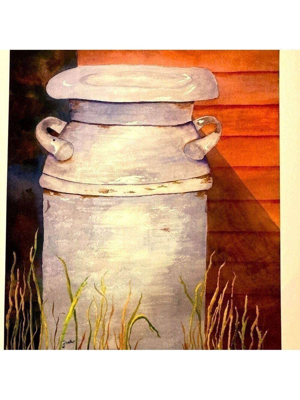 Watercolor print, ‘Memories’ old milk can art painting by Judy Cook